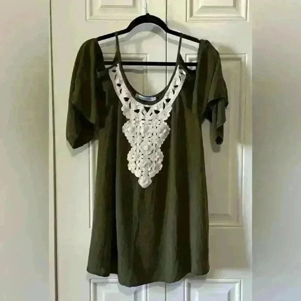 Solitaire Swim Cold Shoulder Swimsuit CoverUp Size S Olive Green w Embroidery